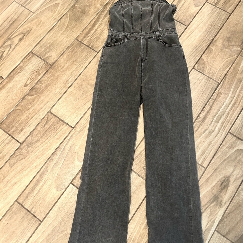 Chic Black Denim Strapless Jumpsuit